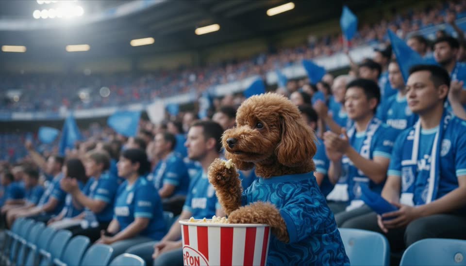 A poodle in a blue jersey holding a bucket of popcorn among cheering fans in a stadium, generated by FanCam AI